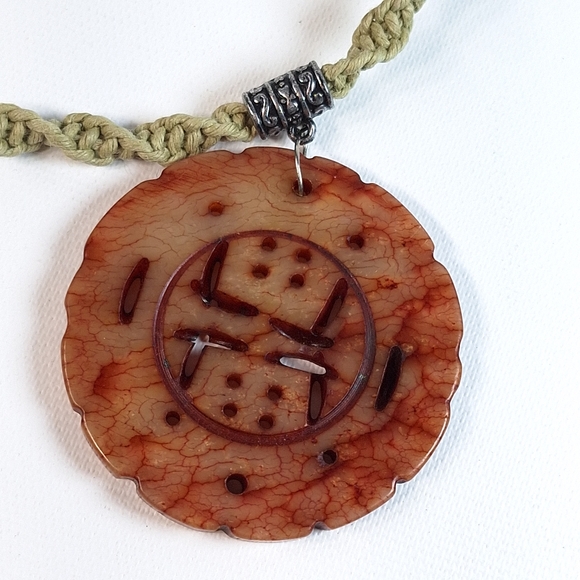 Macrame Cord Chinese Carved Red Stone Medallion Necklace - Picture 6 of 10